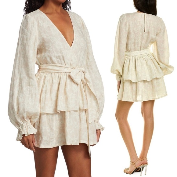 NWT RAMY BROOK Neutral Floral Linen Puff Long Sleeve Tiered Ruffle Mini Dress L - Picture 5 of 11